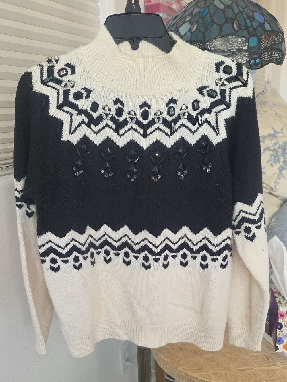 Ann Taylor Black & White Beaded Fair Isle Cowl Sweater